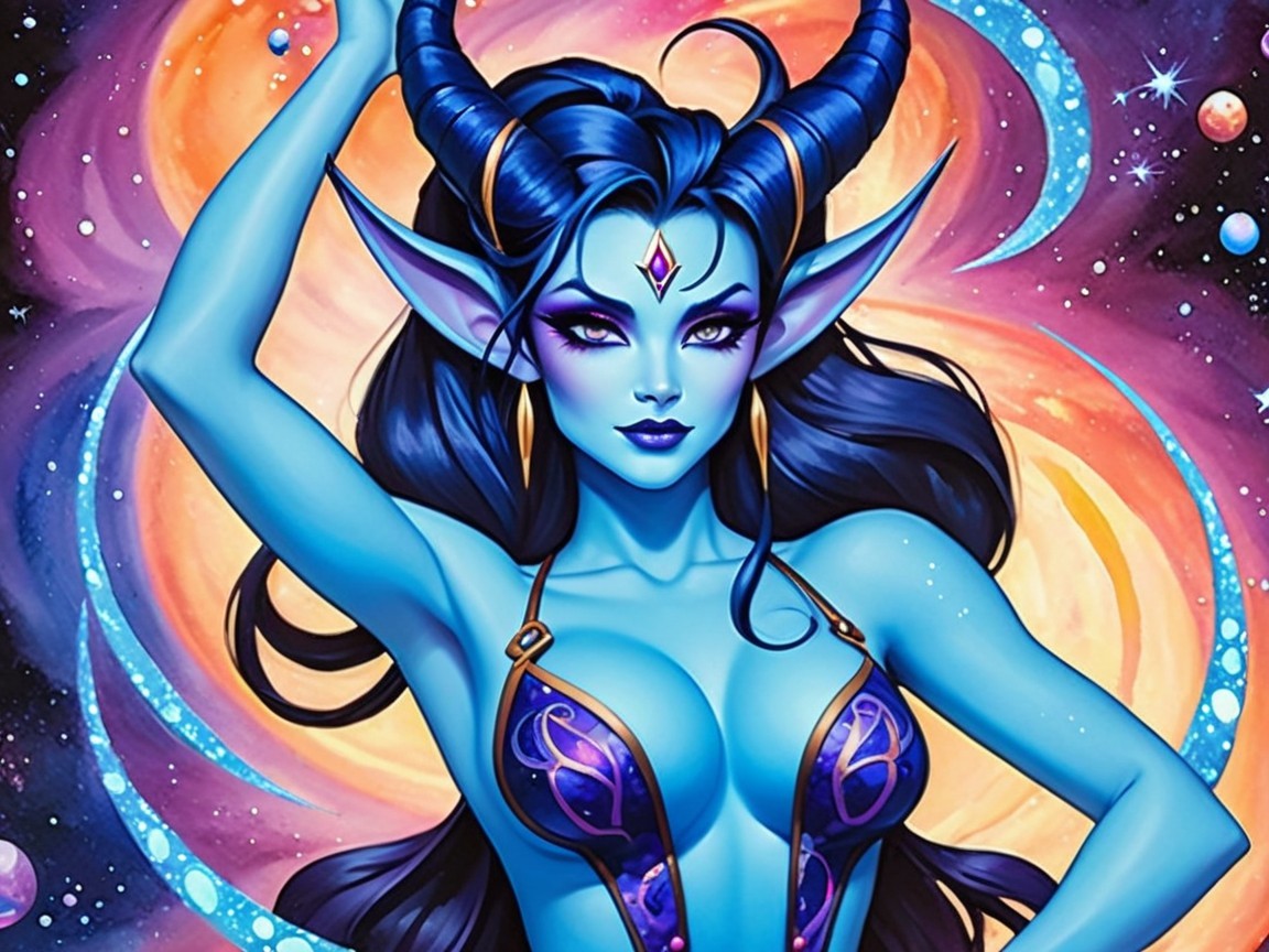 Fantasy Character with Blue Skin in Cosmic Setting