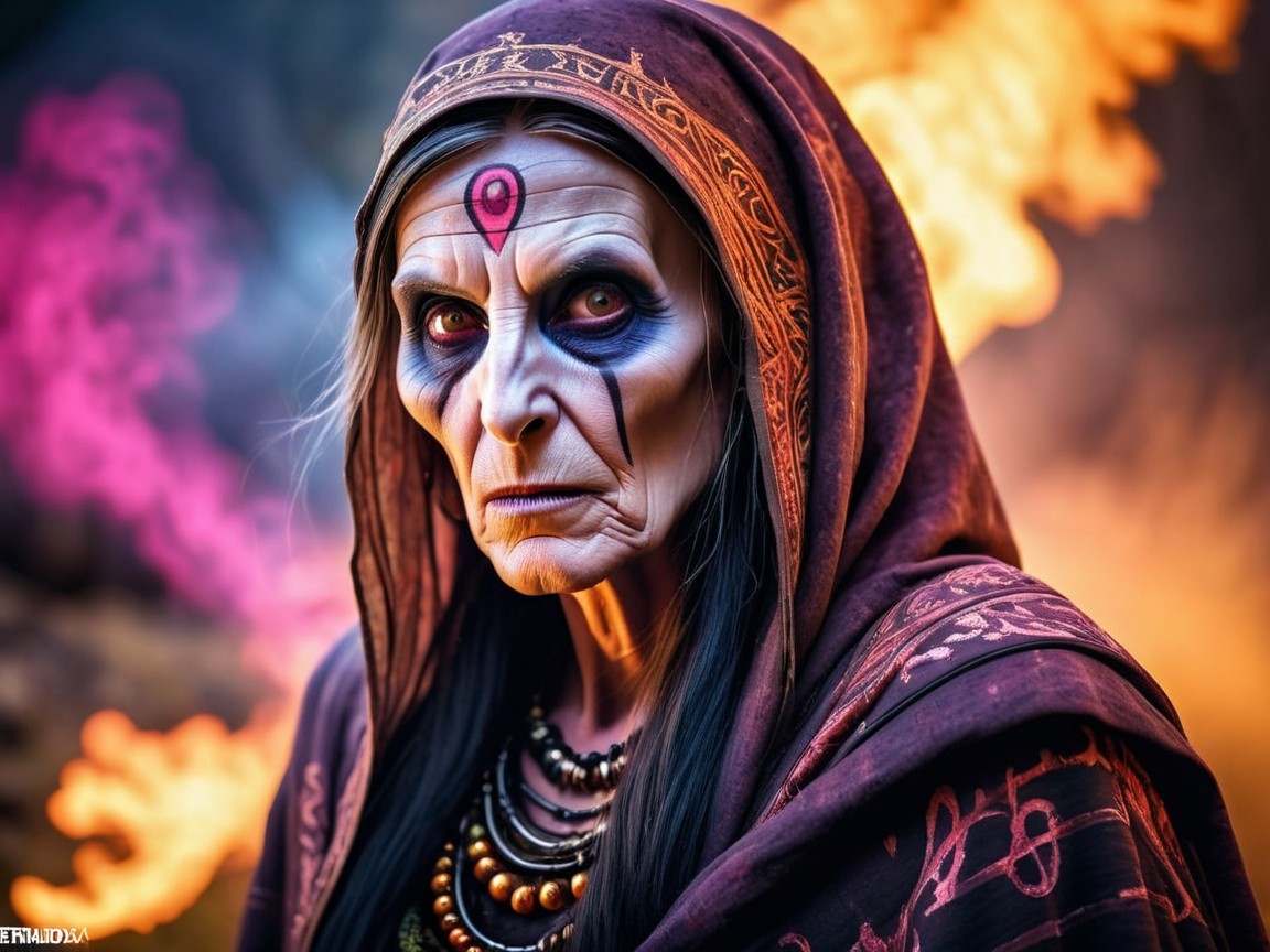 Mystical Figure in Vibrant Flames with Ancient Wisdom