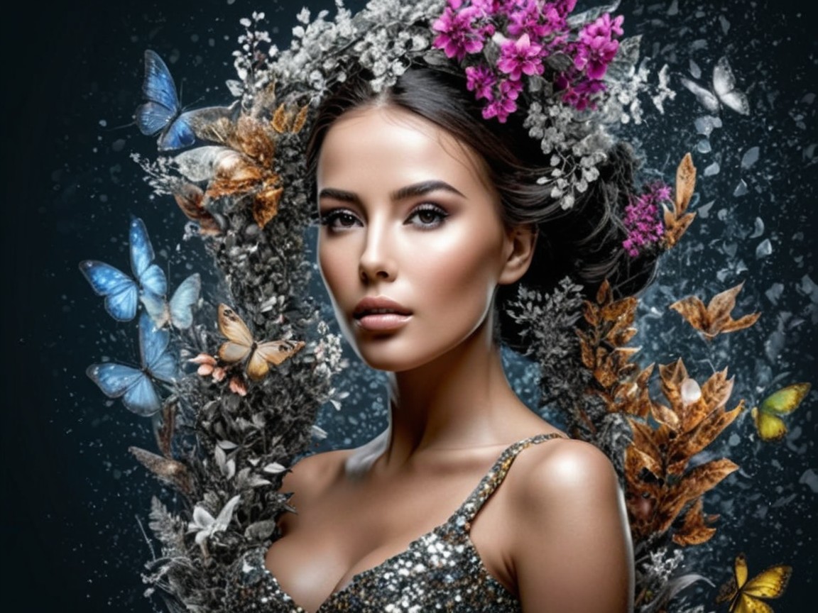 Portrait of a woman with flowers and butterflies