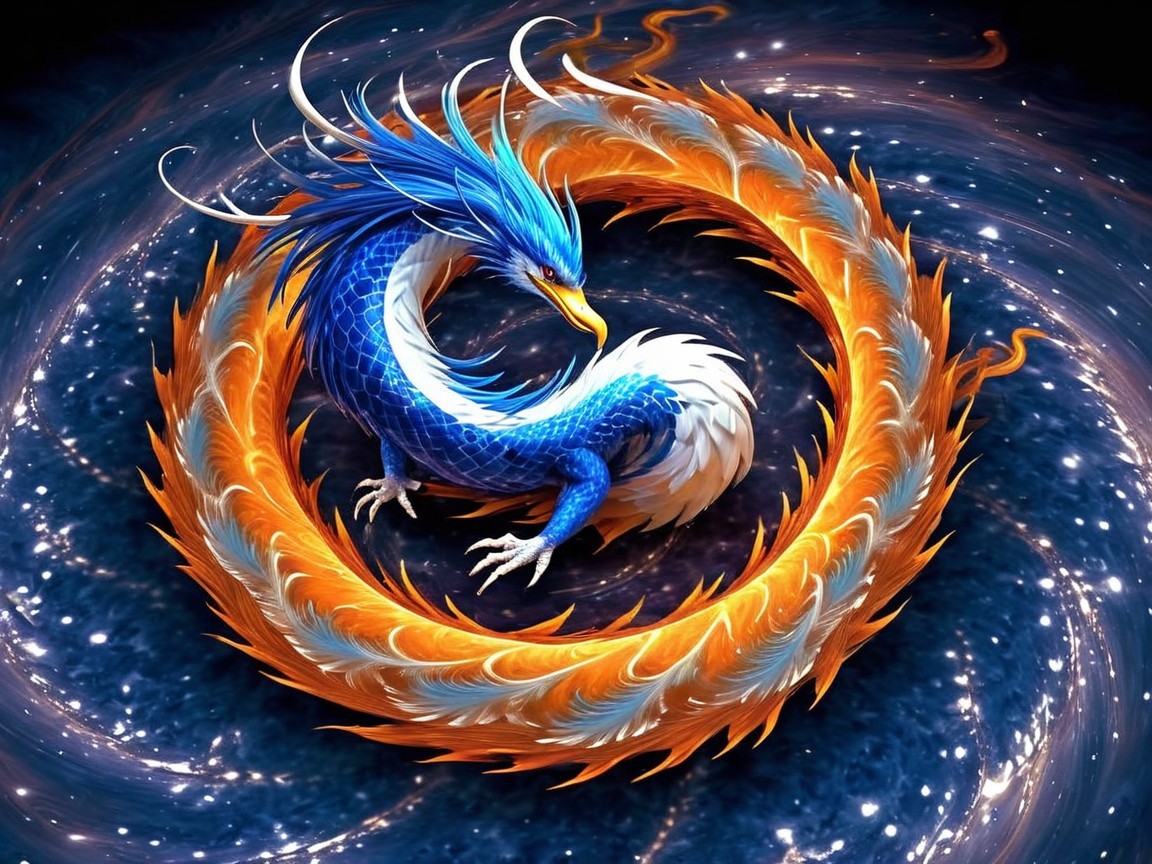 Dragon in Cosmic Backdrop with Vibrant Scales and Feathers