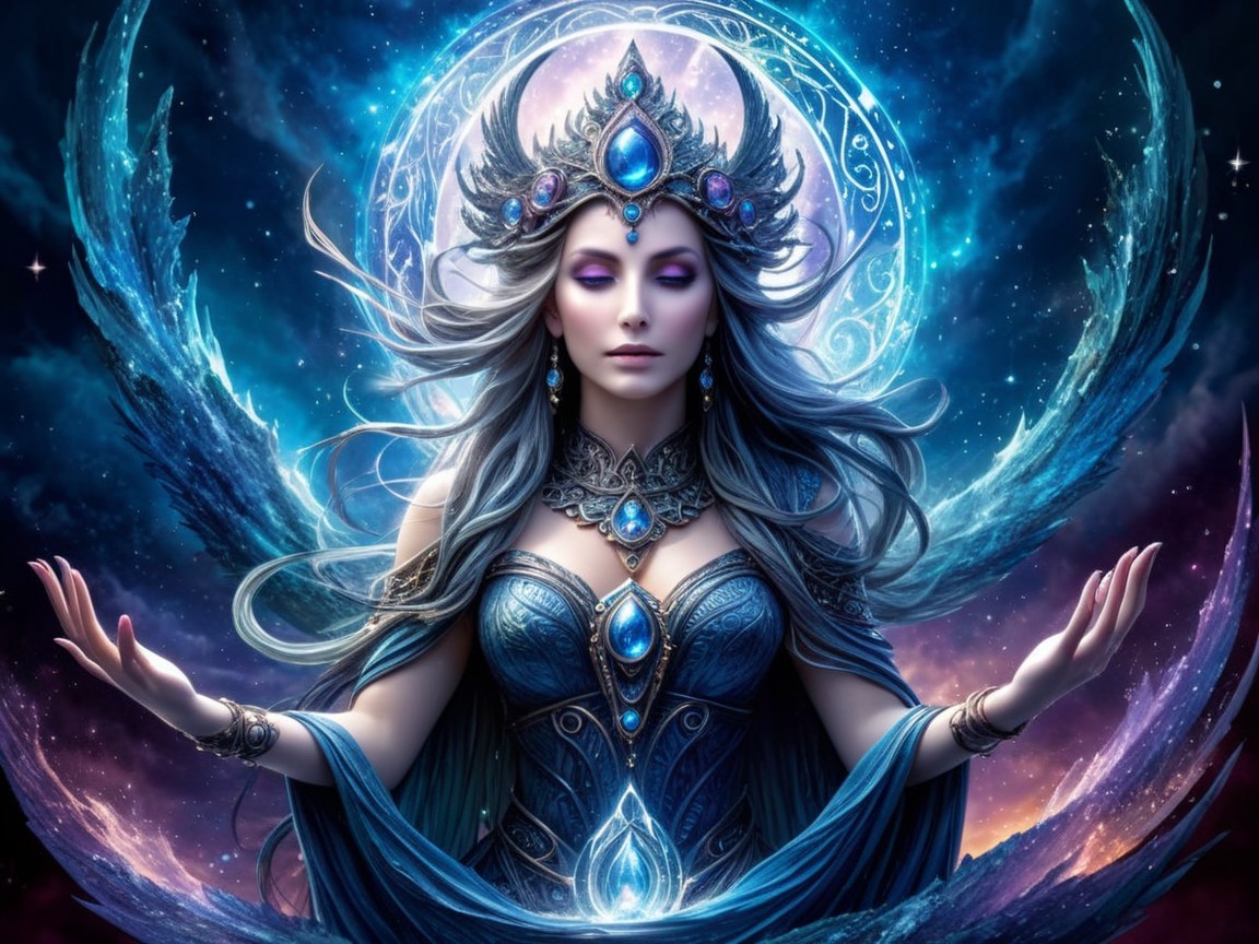 Mystical figure in jeweled gown amidst cosmic colors