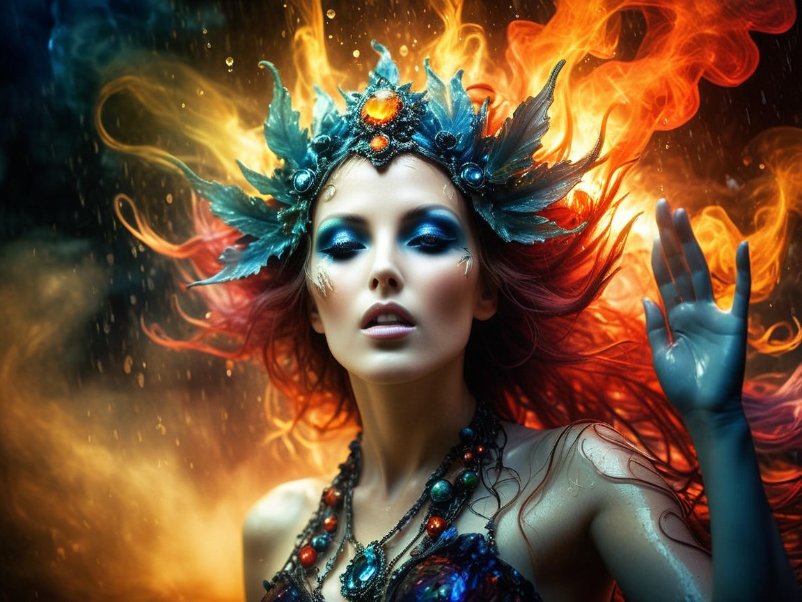 Mystical Figure with Crown of Leaves and Flames