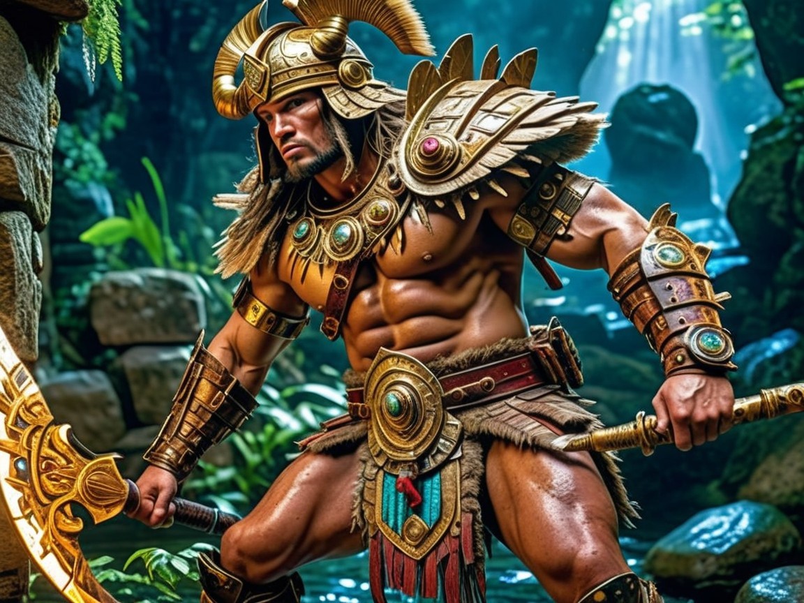 Muscular Warrior in Ornate Armor in Tropical Jungle