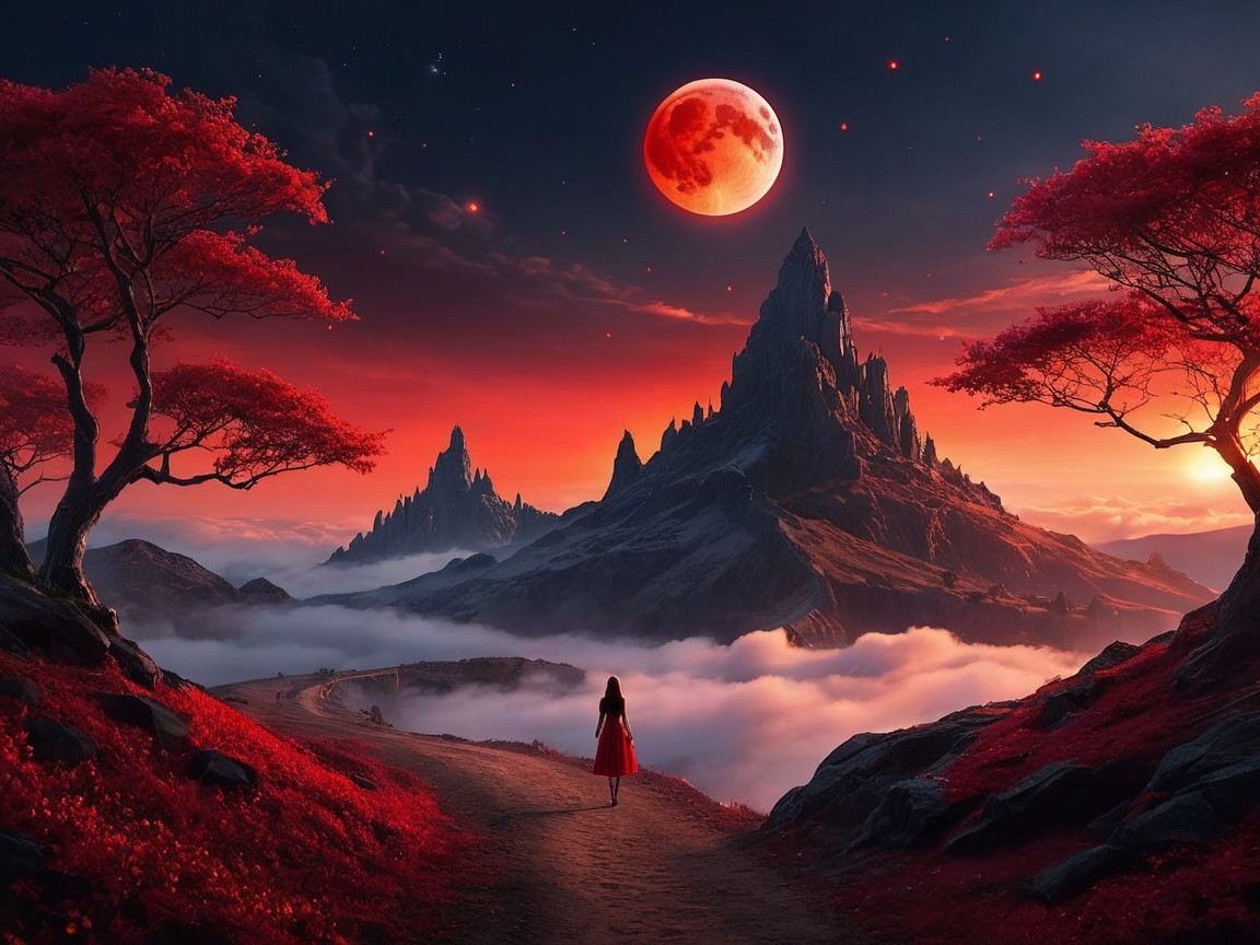 Woman in Red Dress Amidst Scenic Sunset Landscape