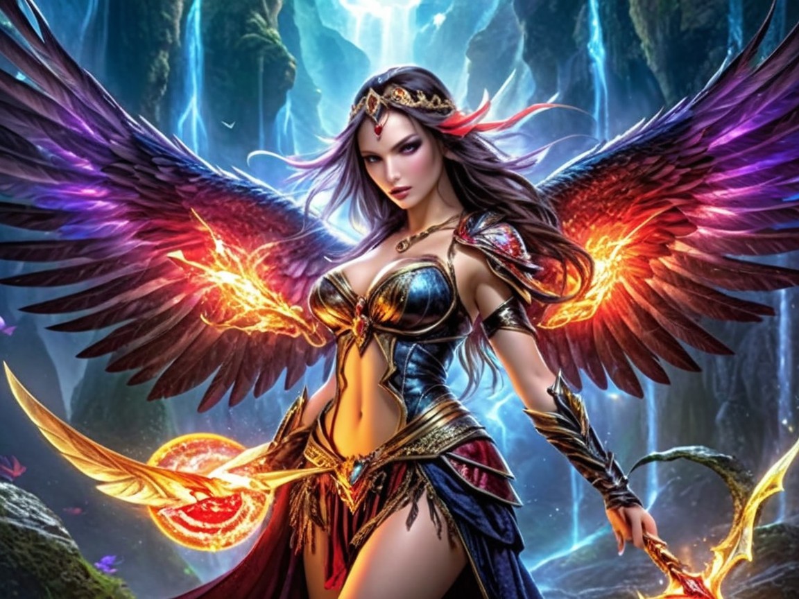 Fantasy Character with Fiery Wings in Mystical Landscape