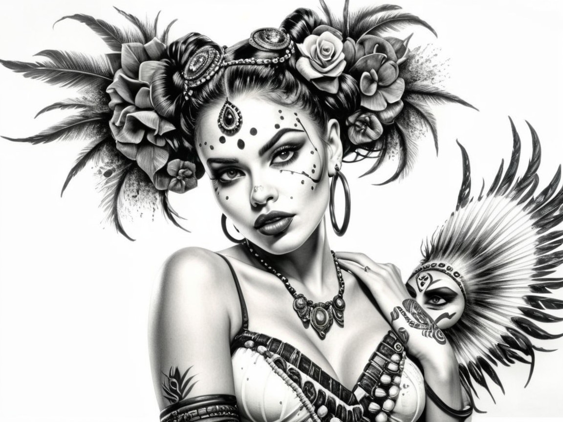 Black-and-White Portrait of a Woman with Floral Accents