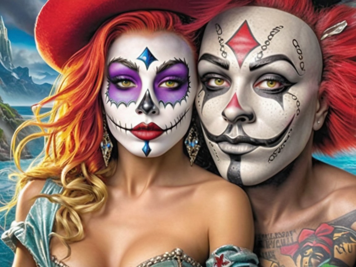 Duo with Día de los Muertos and circus-inspired makeup
