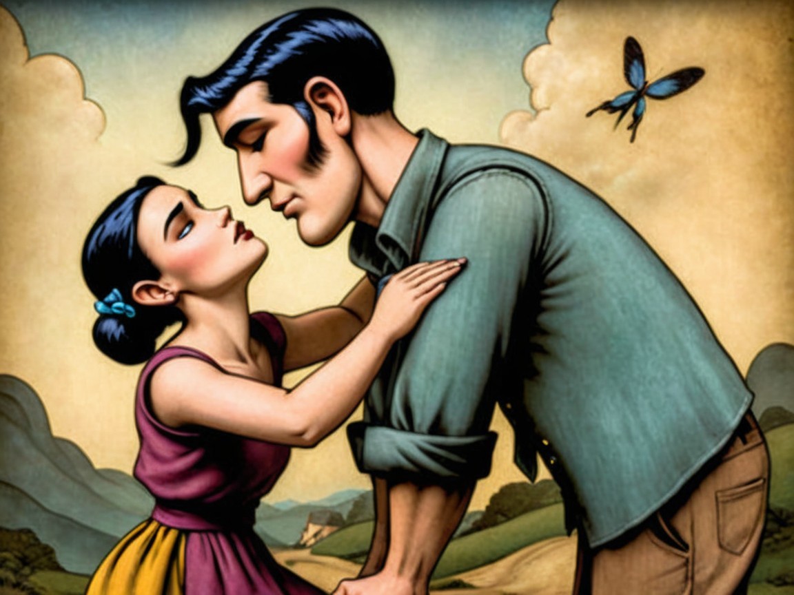 Romantic Couple in Picturesque Landscape Illustration