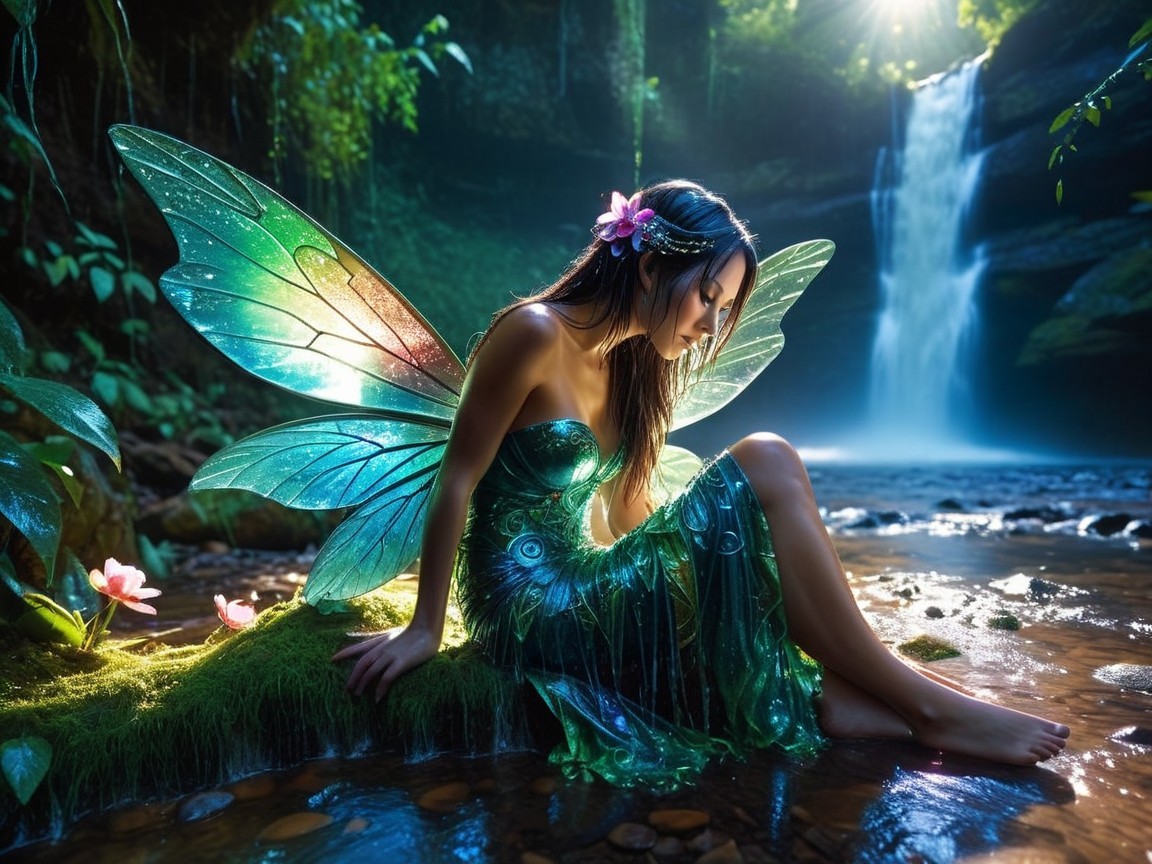 Fairy by a Stream with Iridescent Wings and Flowers