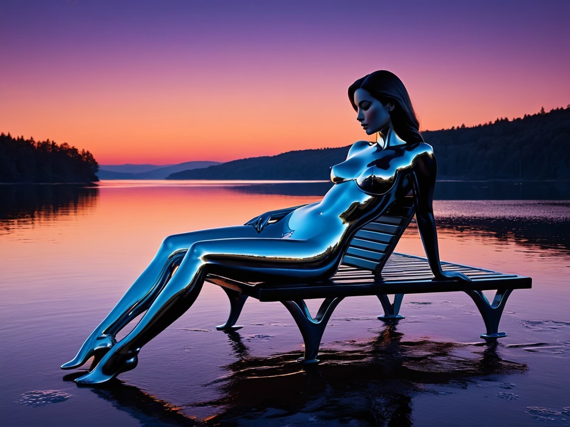 Metallic Humanoid Figure by Tranquil Lake at Sunset