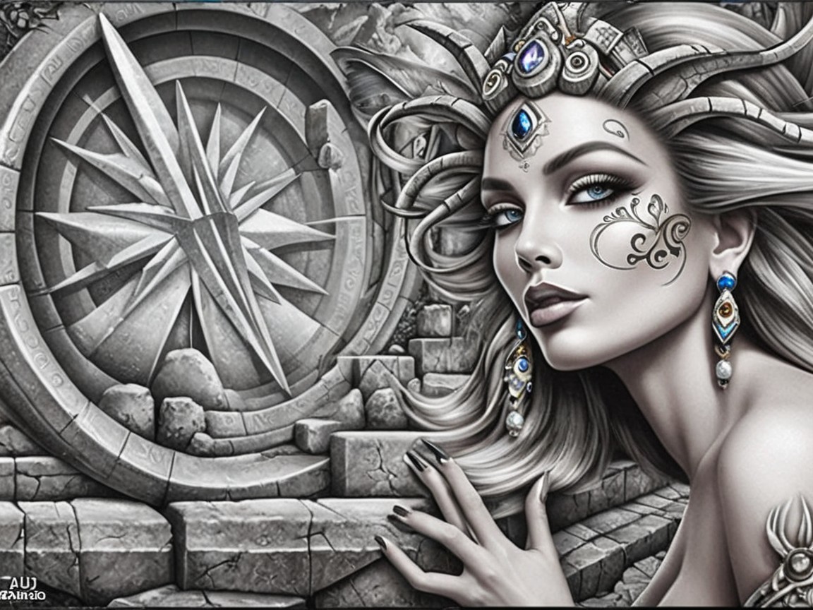 Elegant woman with crown and ornate jewelry in stone setting