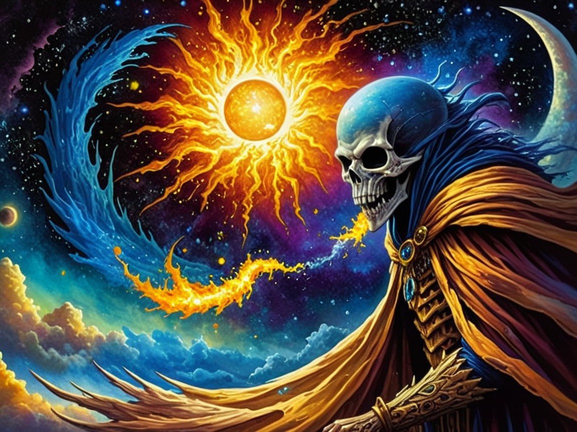 Vibrant Cosmic Scene with Skeletal Figure and Celestial Colors