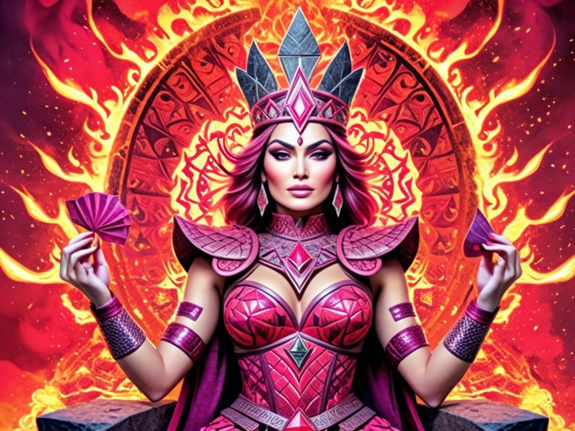 Ornate Magenta Armor and Fiery Surroundings Description