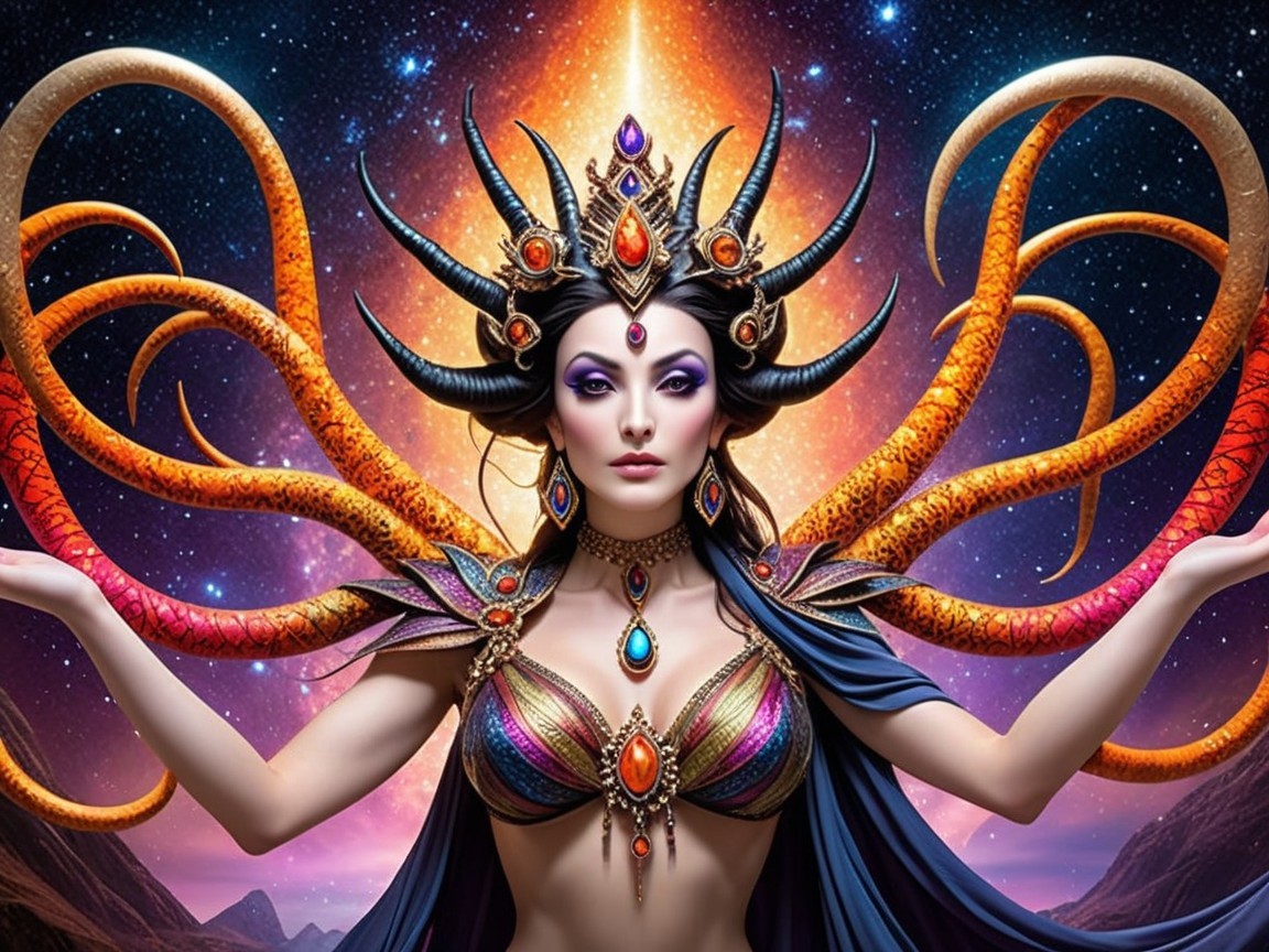 Cosmic Figure with Horned Headgear and Vibrant Attire