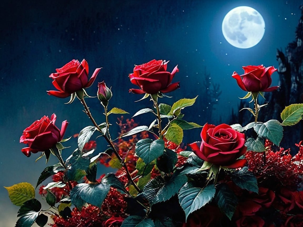 Blooming red roses under a full moon night sky