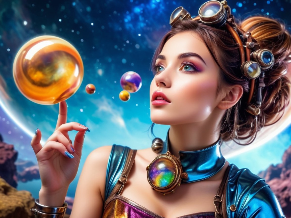 Futuristic Woman with Steampunk Accessories and Orb