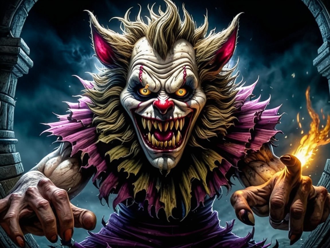 Menacing clown creature in dark, ominous setting