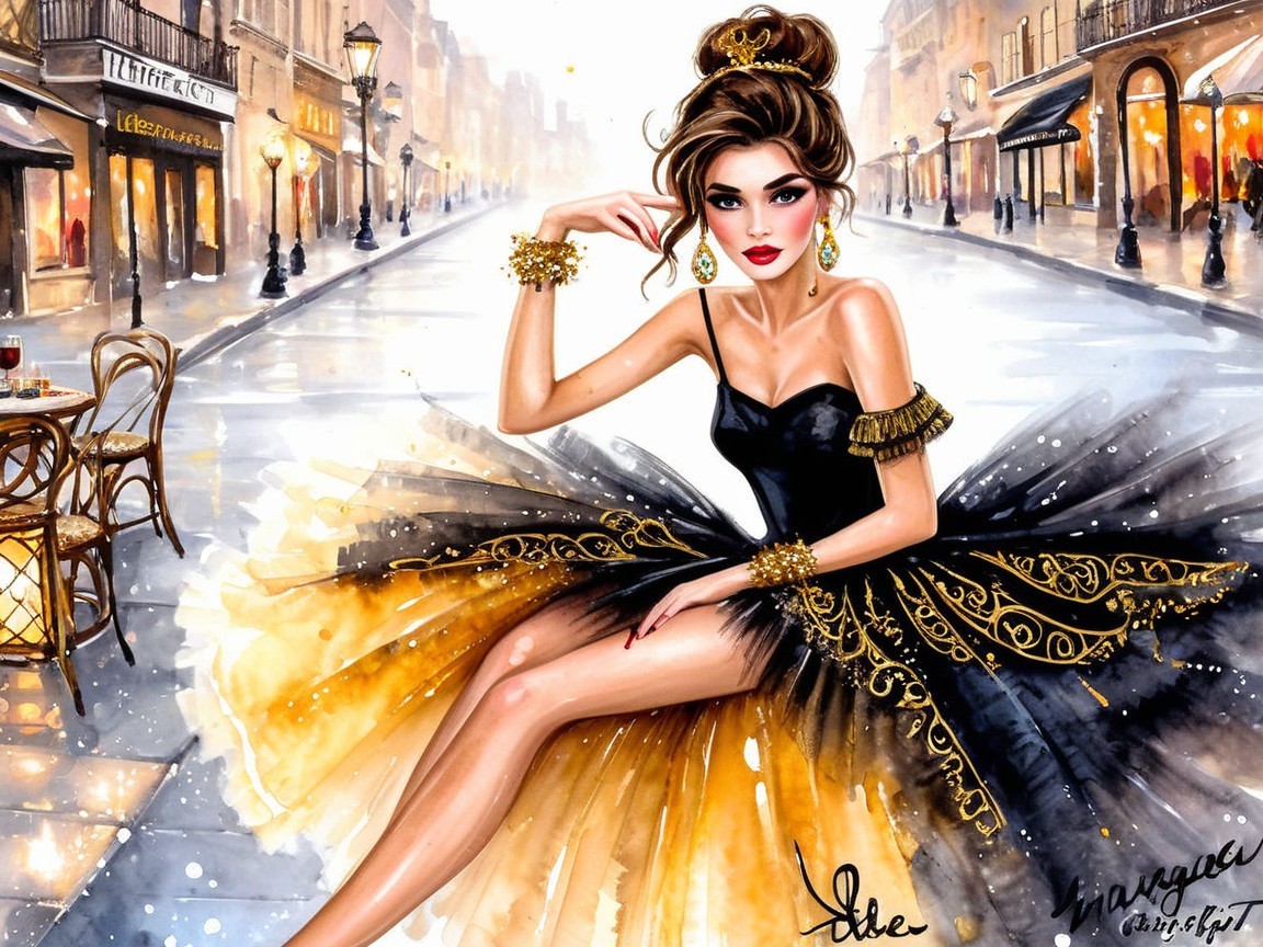 Glamorous Fashion Illustration in Parisian Setting