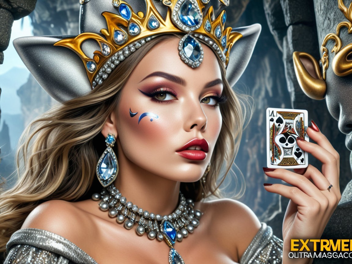 Regal Woman with Crown and Playing Card in Dramatic Setting