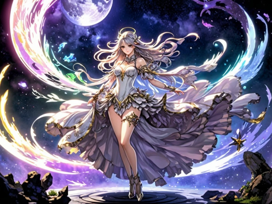 Majestic figure in white gown against cosmic backdrop