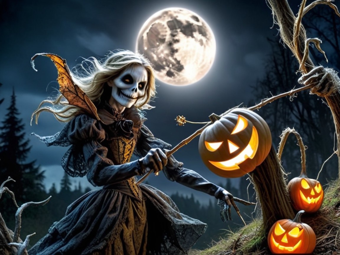 Skeletal Figure in Dark Dress Under Full Moon