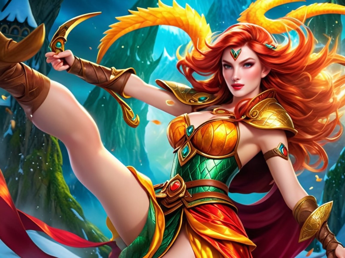 Fierce Warrior in Green and Gold Armor with Phoenix