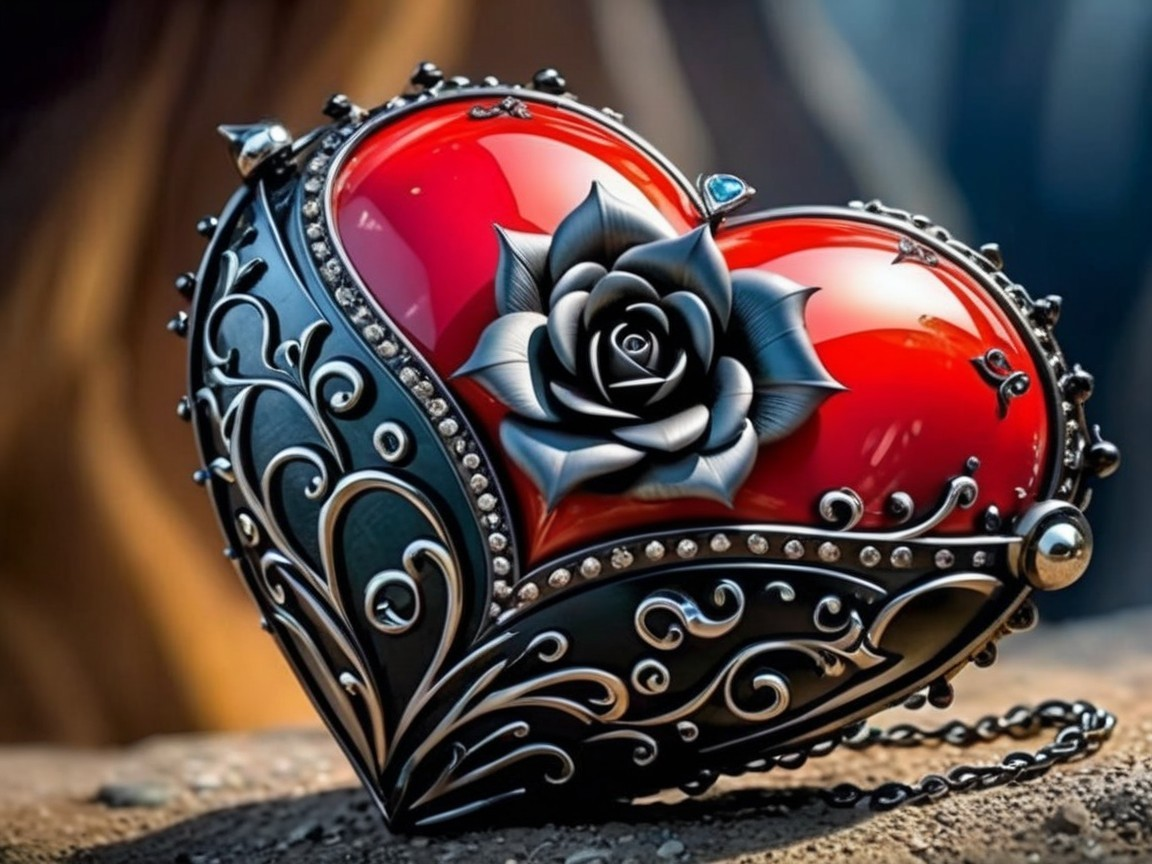 Heart-Shaped Locket with Black Rose and Silver Details