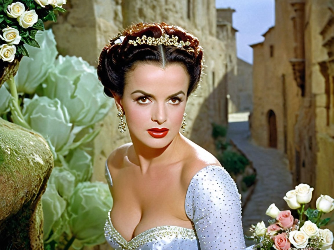 Glamorous woman in gown with roses and historic backdrop