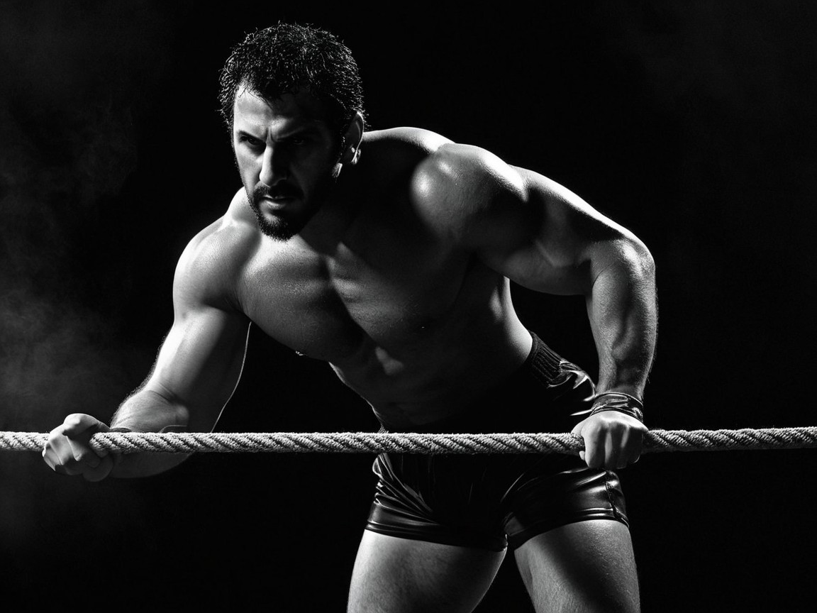 Muscular Fighter Pulling Rope in Black-and-White Scene