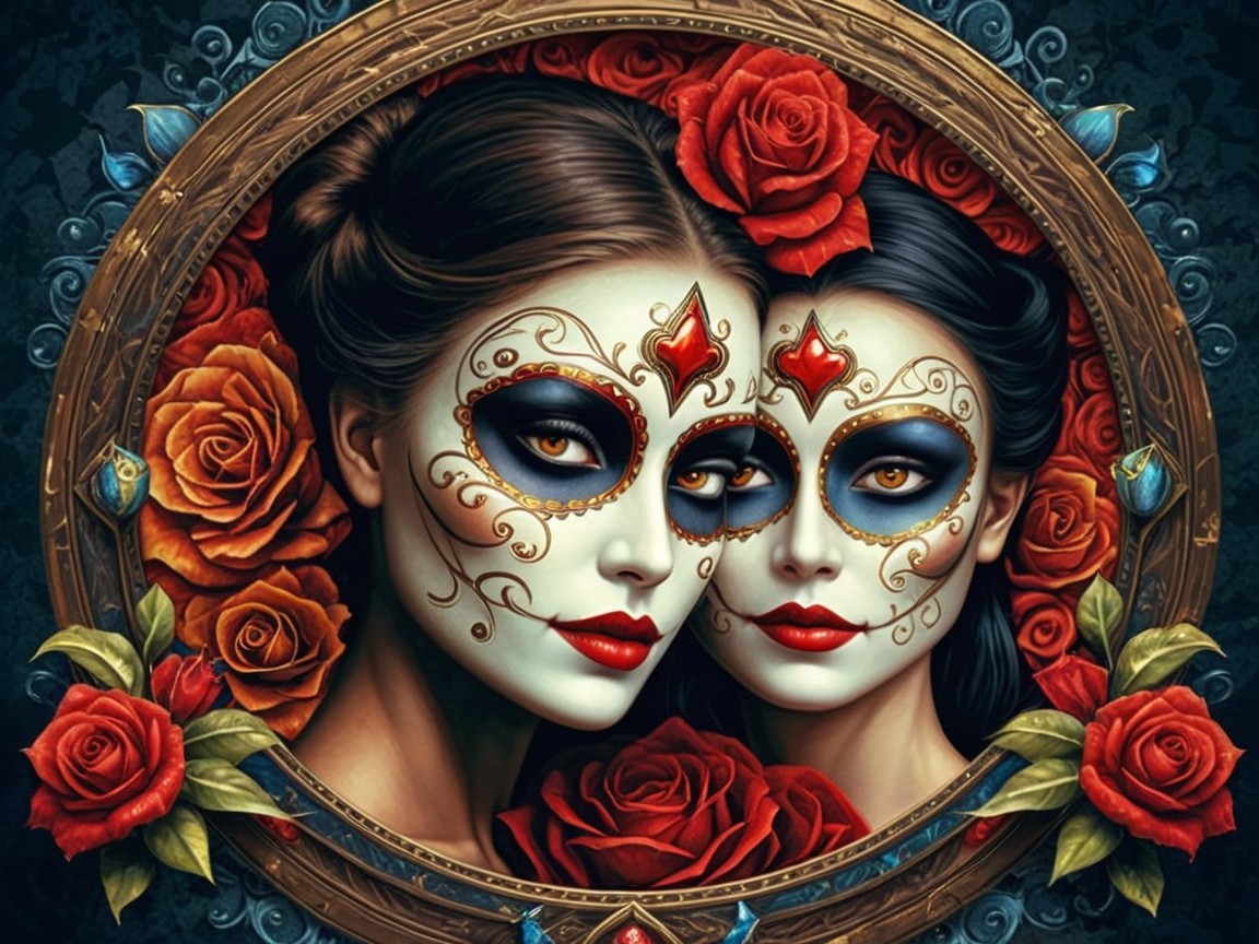 Elegant figures with jeweled masks and roses