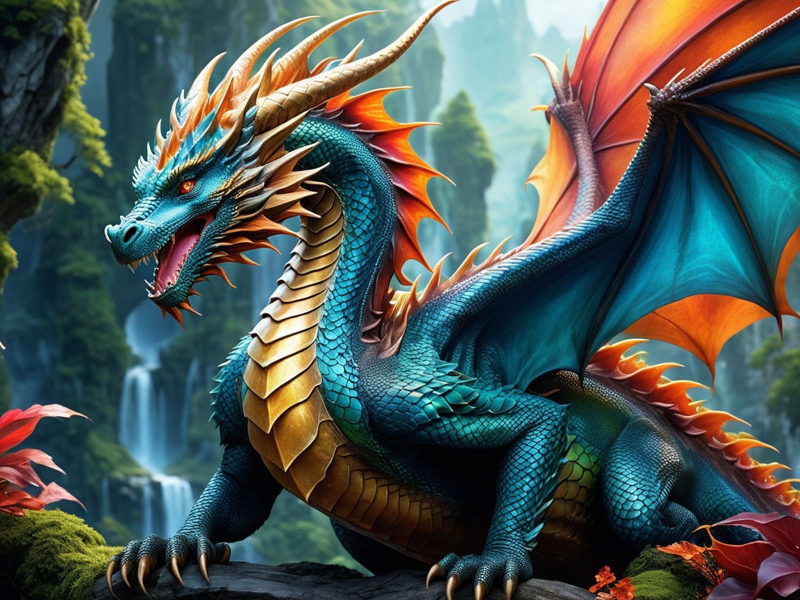 Majestic dragon on rocky outcrop in vibrant landscape