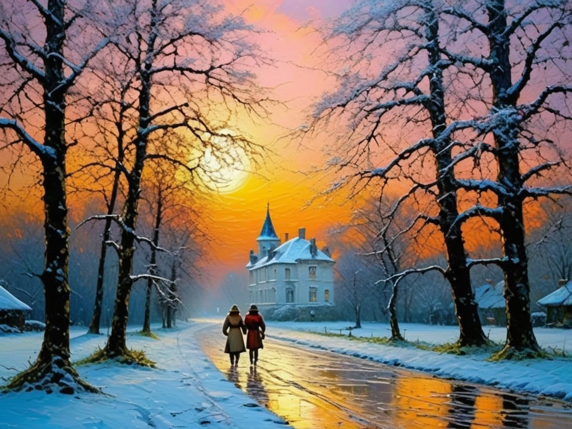 Snowy Winter Landscape with Sunset and Figures Walking