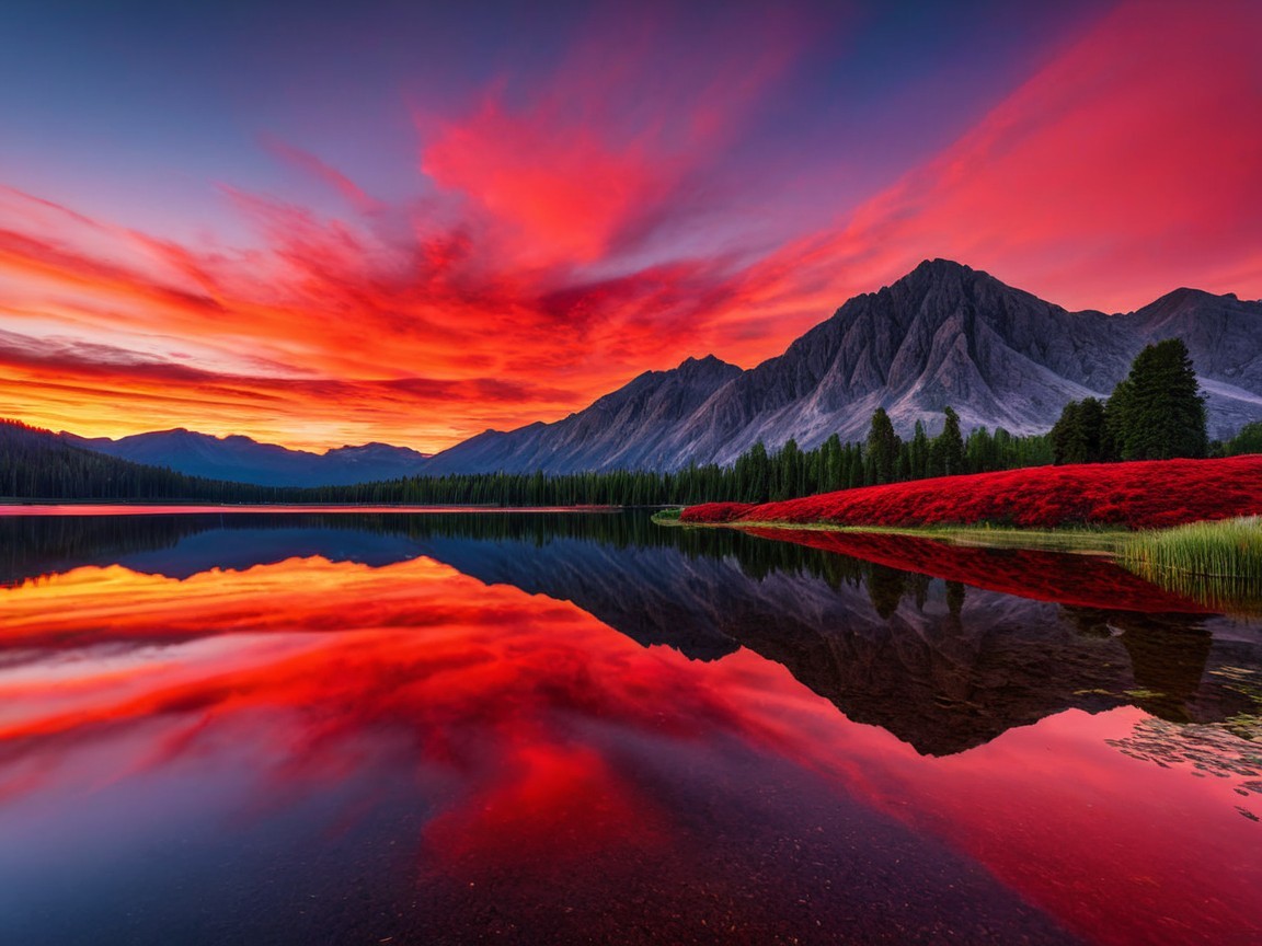 Vibrant Sunset Over Tranquil Lake and Mountains