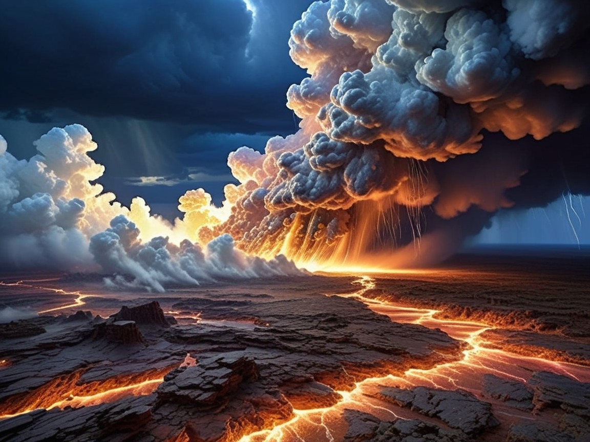 Dramatic volcanic landscape with glowing lava and clouds