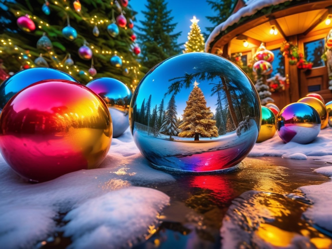 Colorful Christmas Ornaments on Snowy Surface
