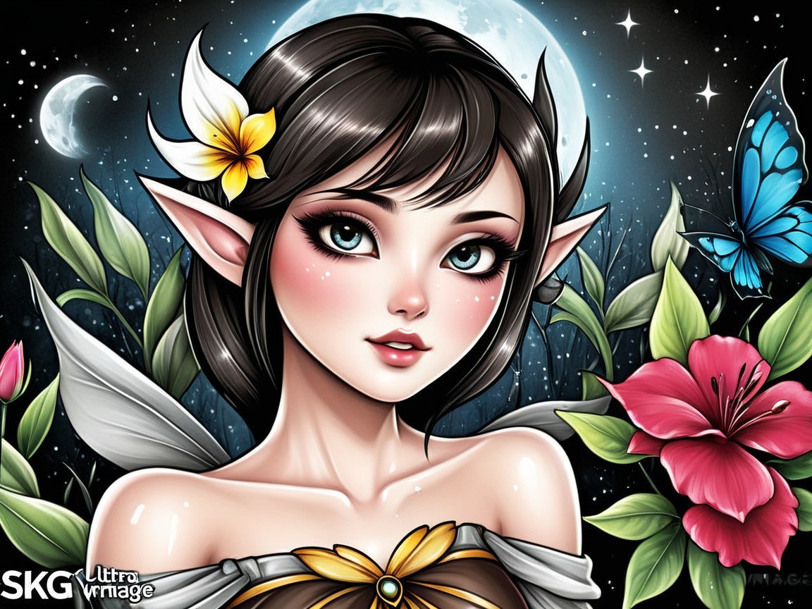 Fantasy Portrait of Elf Woman in Night Sky Setting