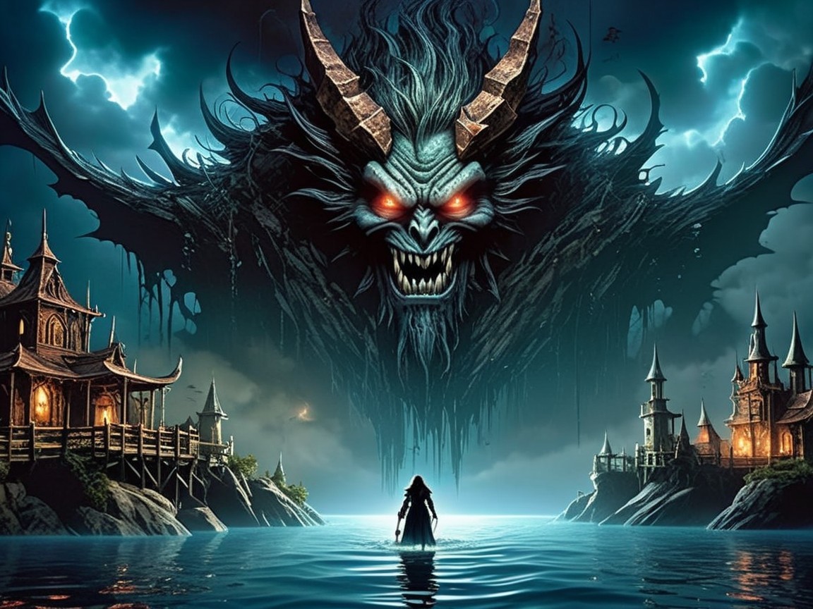 Menacing figure with red eyes over tranquil bay scene