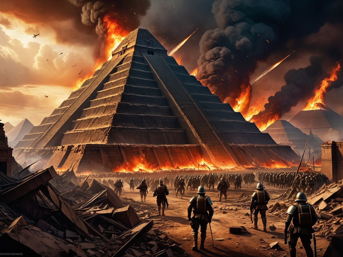 Pyramid Surrounded by Flames on a Battlefield