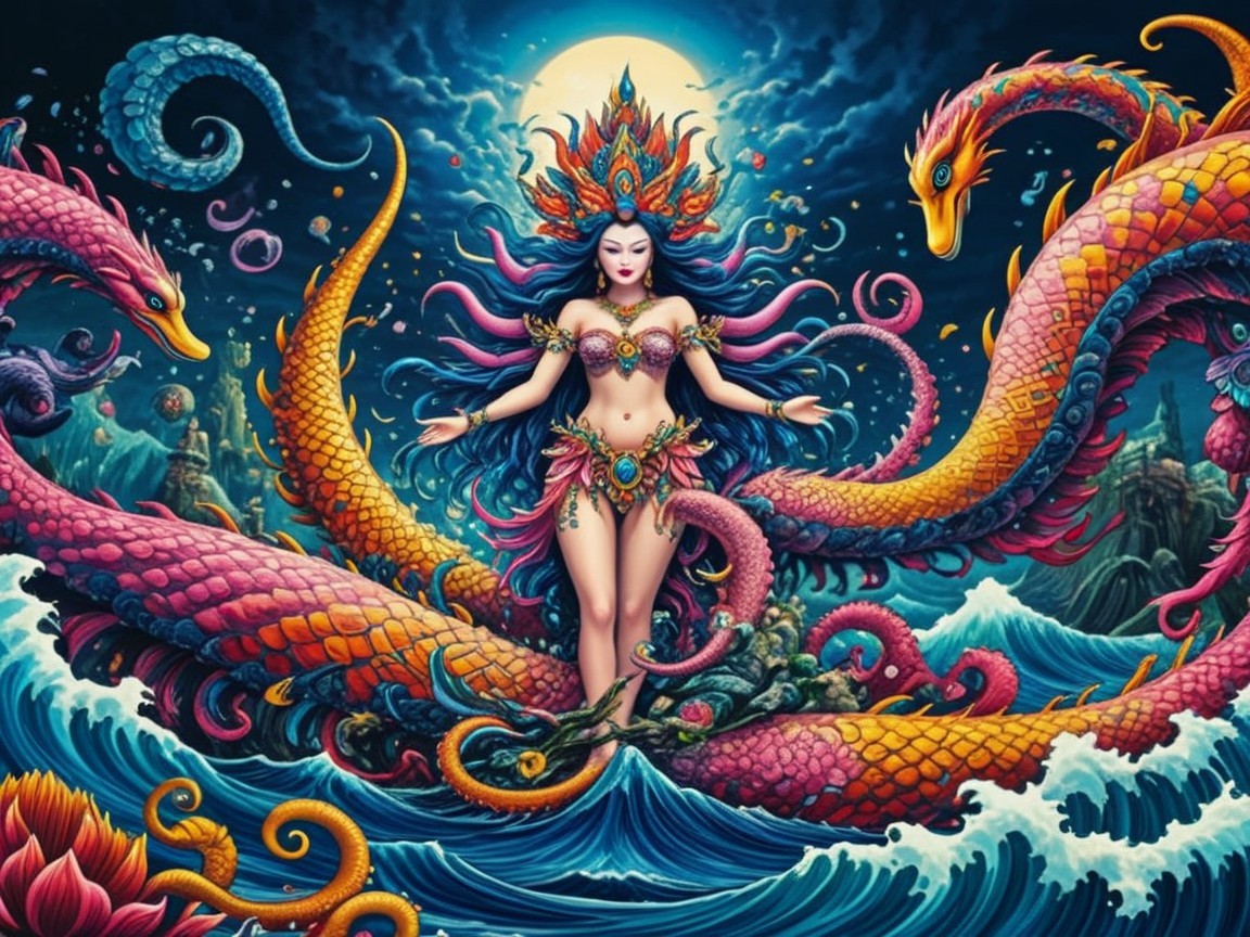 Mythical goddess in vibrant underwater realm with sea serpents