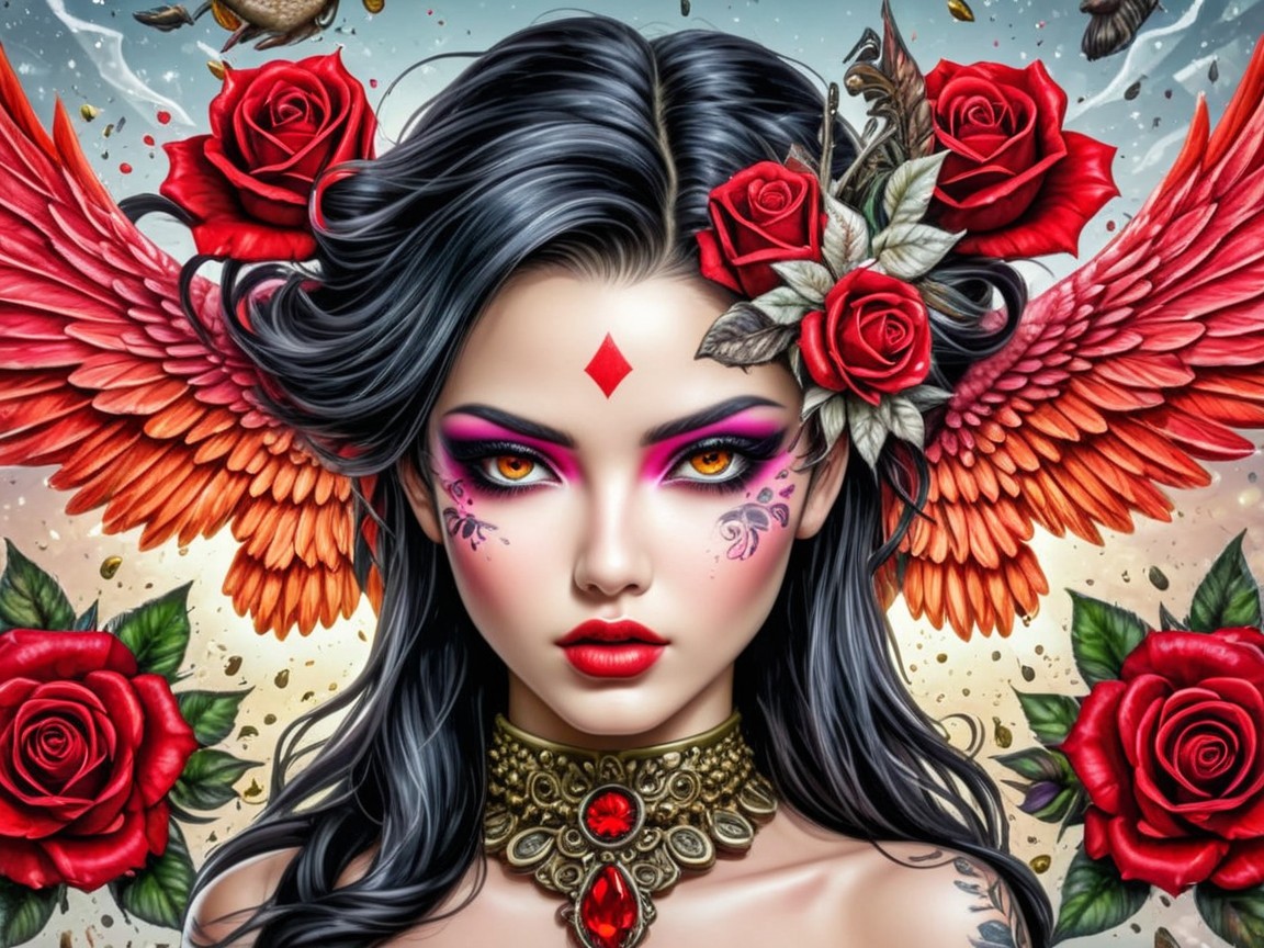 Portrait of a Woman with Black Hair and Red Wings