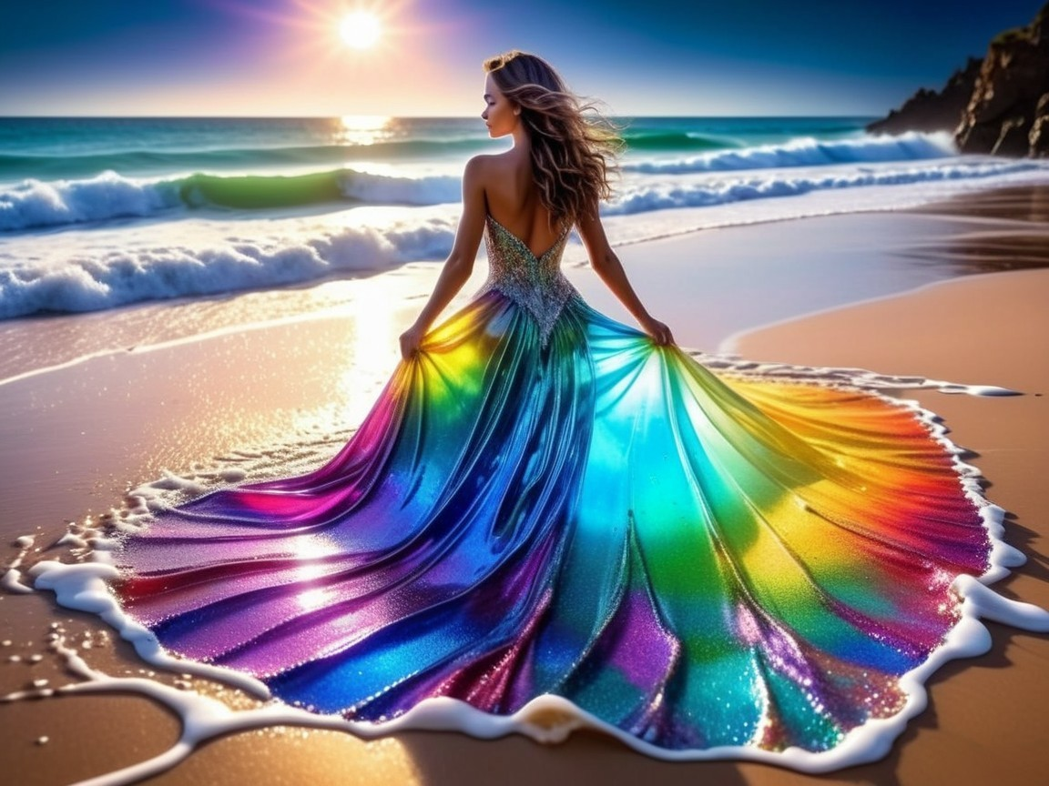 Woman in multicolored gown at sunset on beach