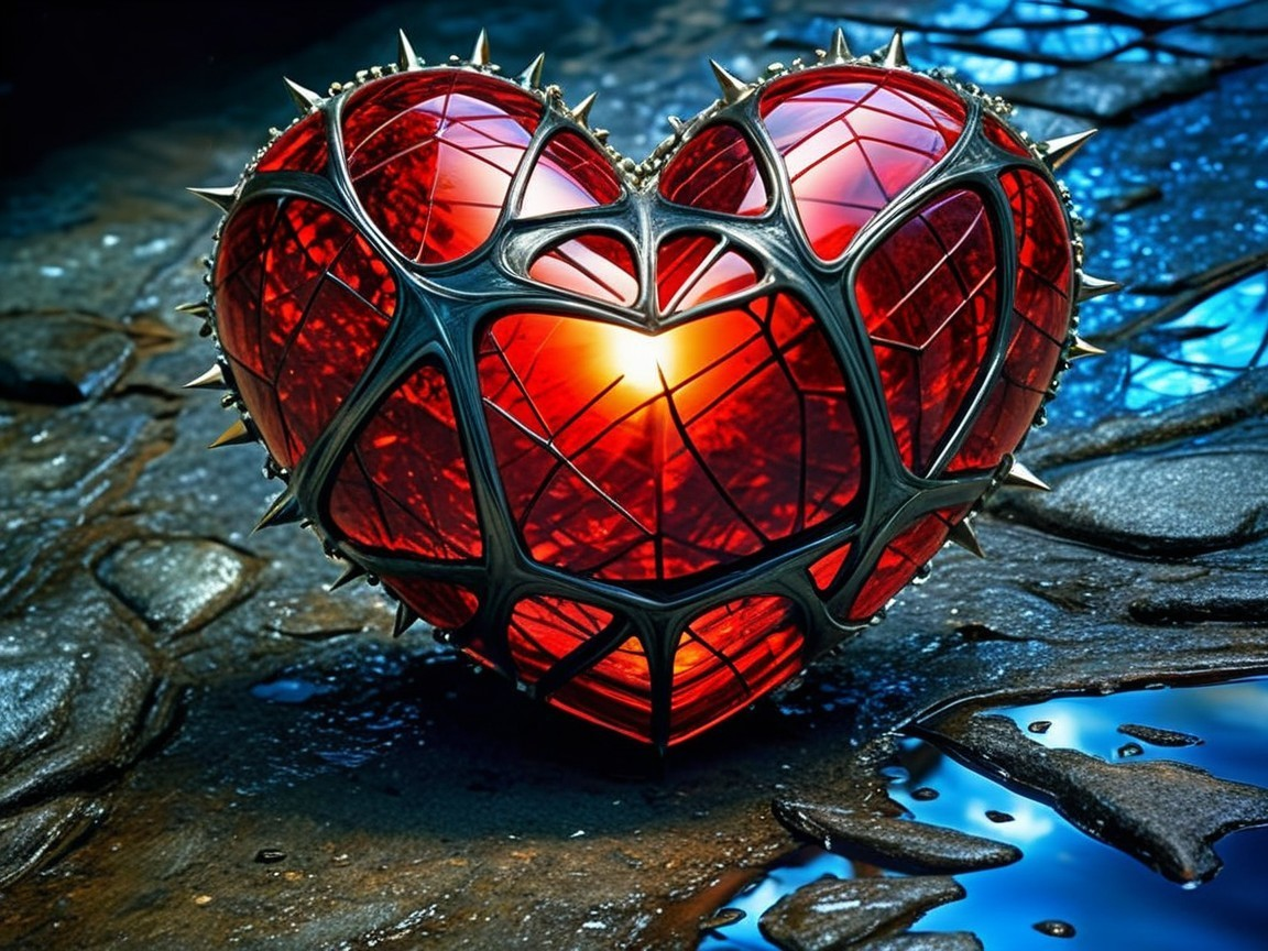 Translucent Red Heart in Black Thorn Latticework