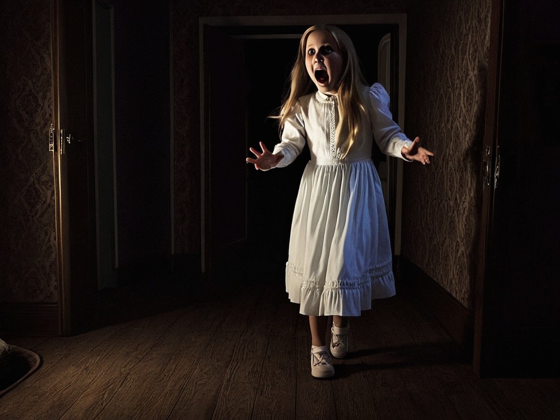 Young girl in white dress in eerie hallway setting