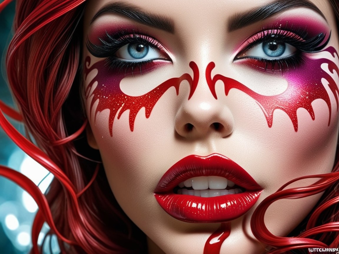 Close-up of a model with bold crimson makeup and red hair