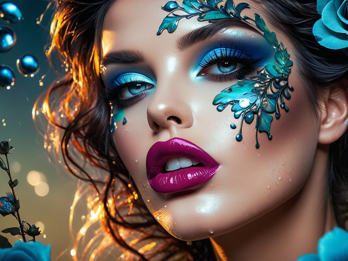 Portrait of a Woman with Bold Makeup and Floral Designs