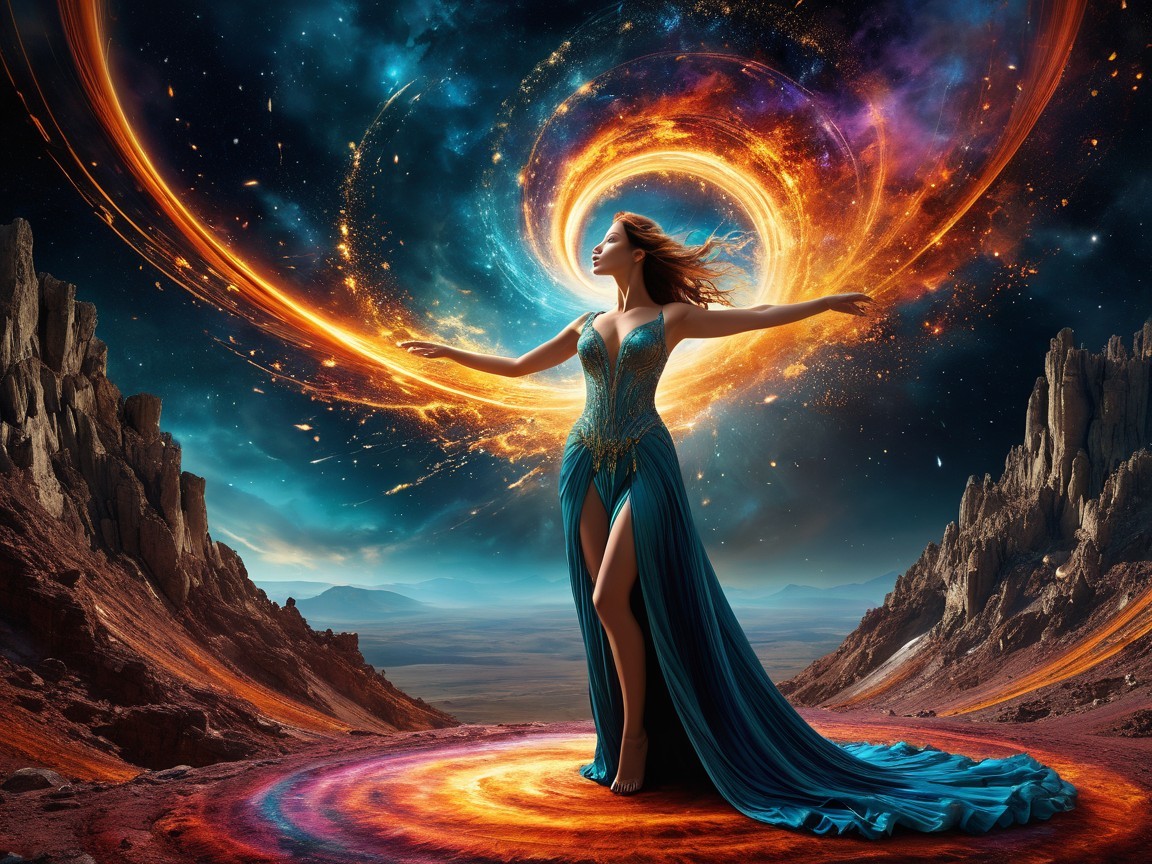Mystical Woman in Blue Gown Against Cosmic Backdrop