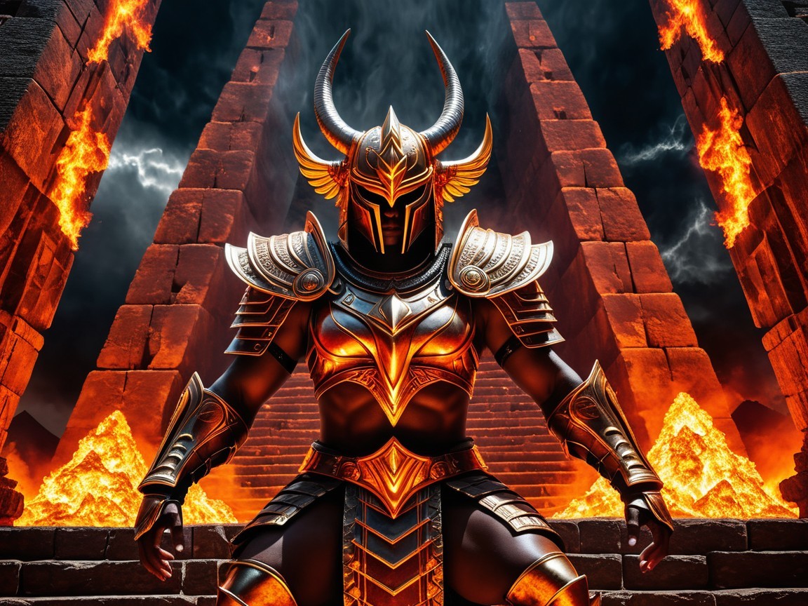 Armored warrior before flame-lit pyramids with lava