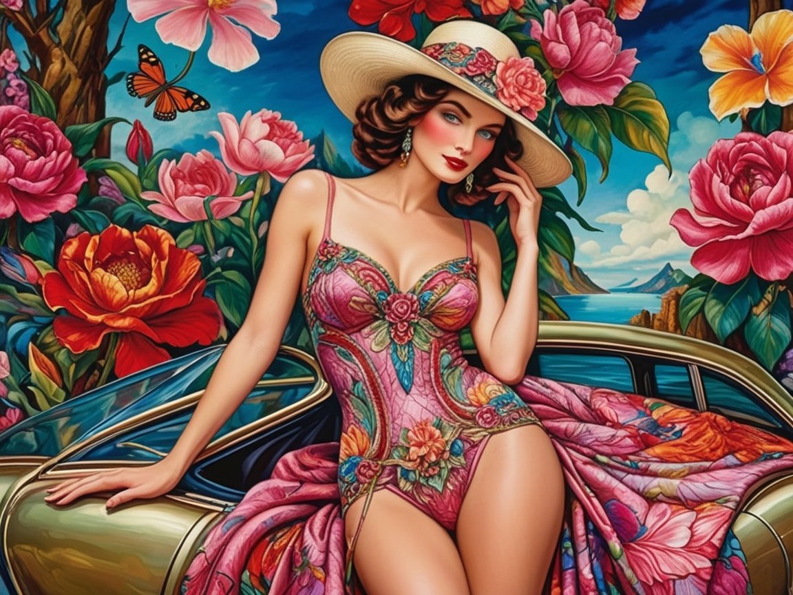 Glamorous Woman in Floral Swimsuit by Classic Car