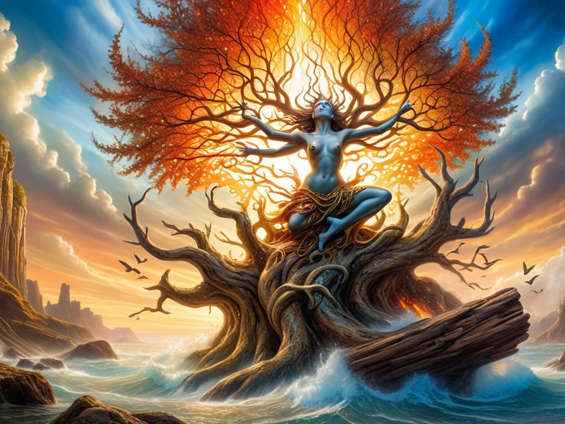 Mystical Scene of Serene Figure and Majestic Tree