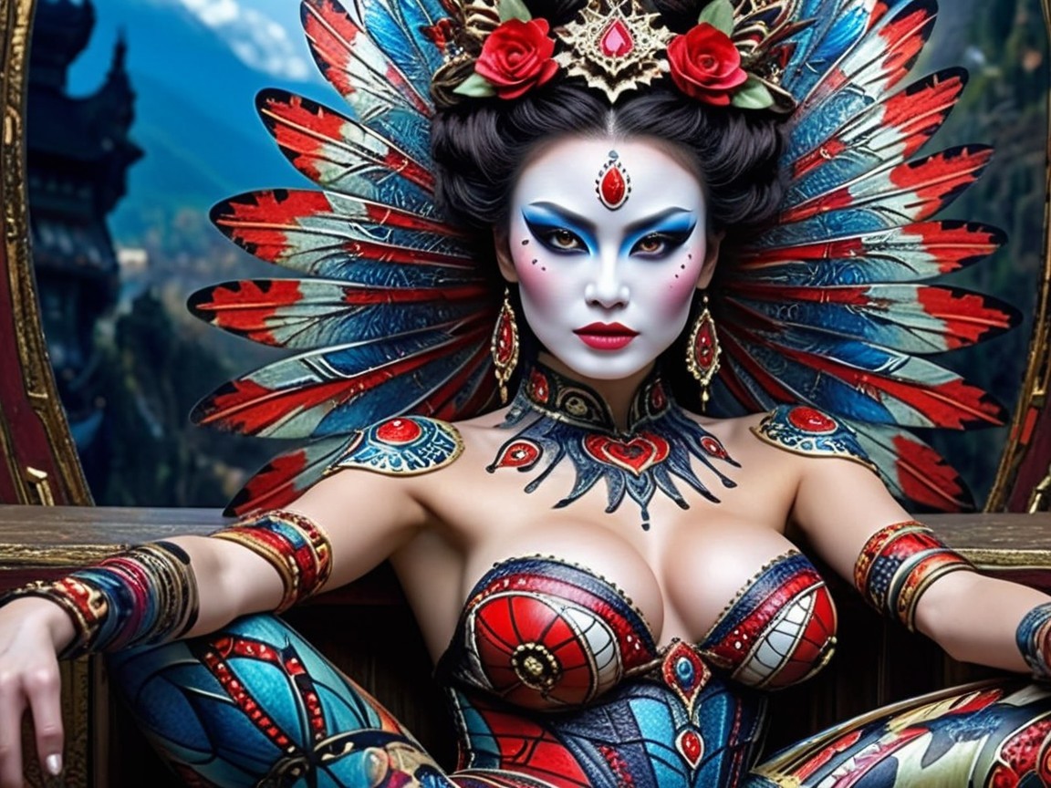 Regal Figure in Body Paint and Feathered Headdress